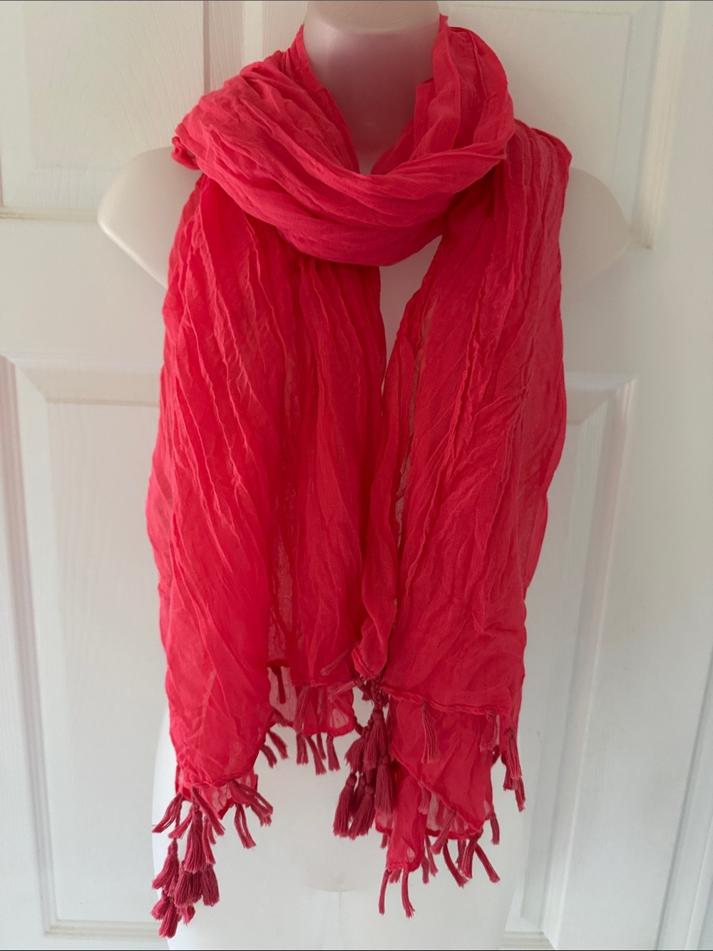 Vibrant Magenta Pink Crinkle Gauze Scarf with Tassels | Boho Lightweight Wrap